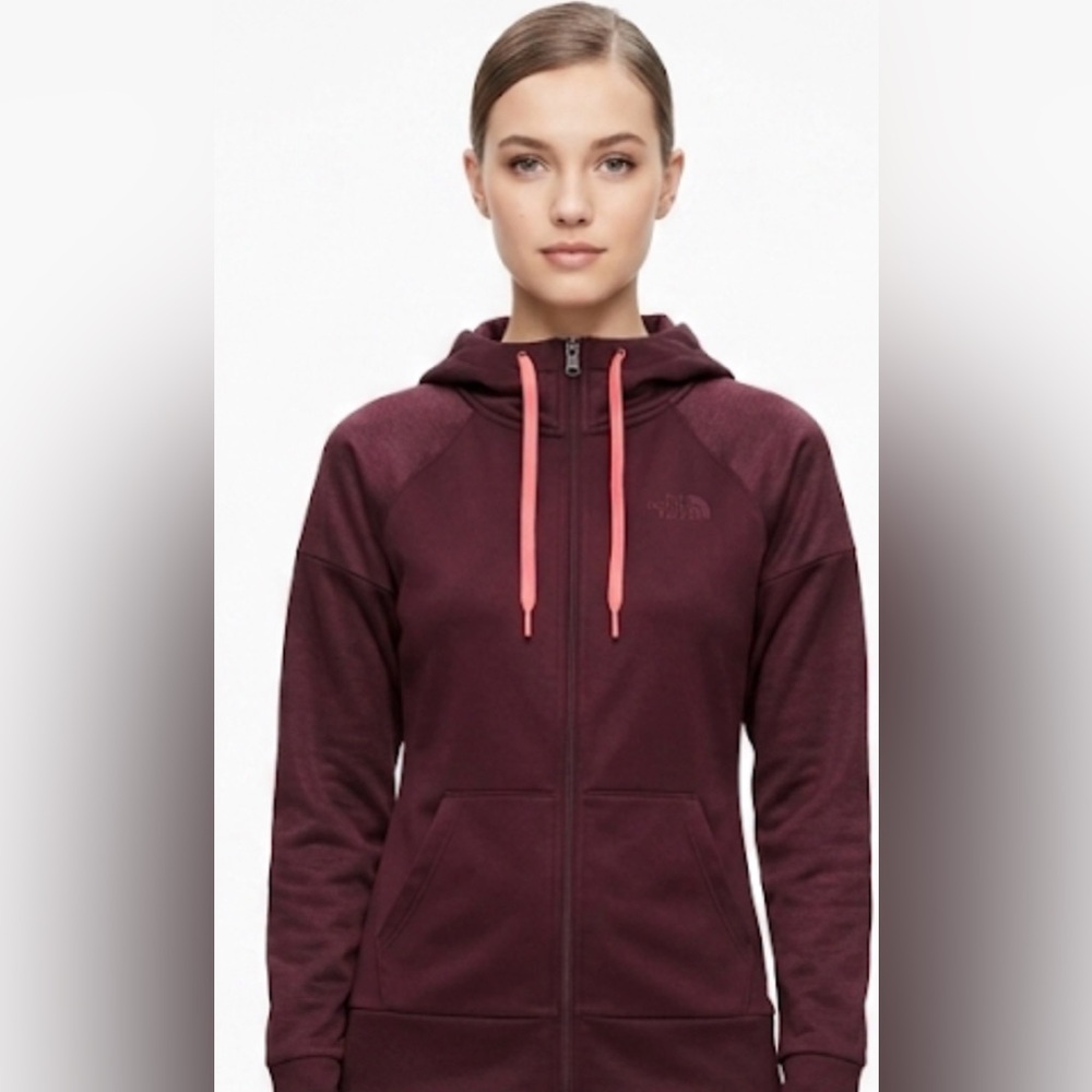 The North Face Women's Burgundy Zip Hoodie with Pink Drawstrings